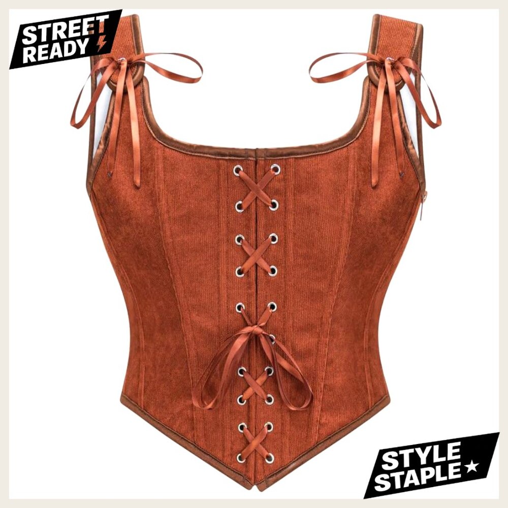 Vintage Grommet Lace Up Tie Front Corset Bustier Shapewear Top X-Large